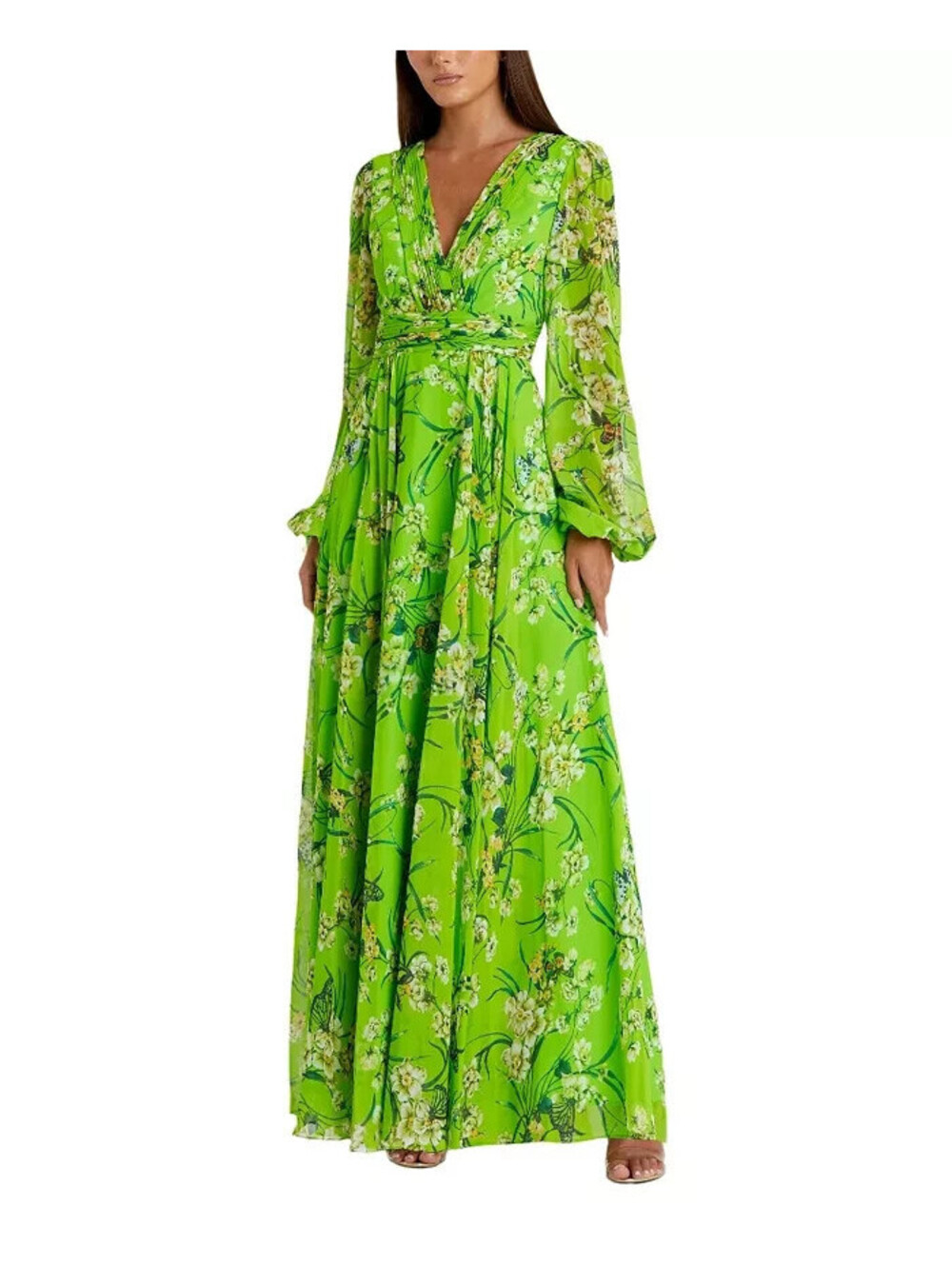 NEW Mac Duggal Puff Sleeve Floral Chiffon Gown in Green Sz 12 #LD486